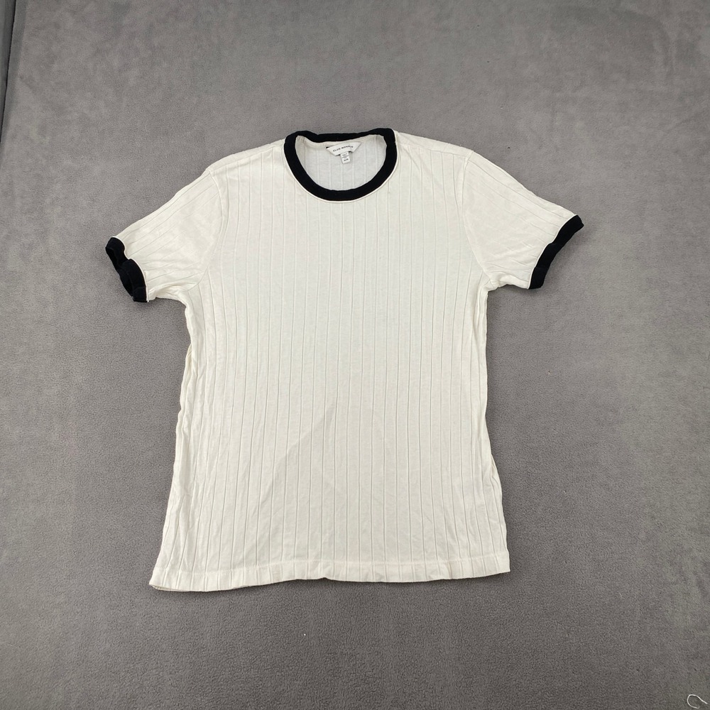 Club Monaco Mens Cream Ribbed Cotton Ringer T-Shirt Black Trim Size M 6295